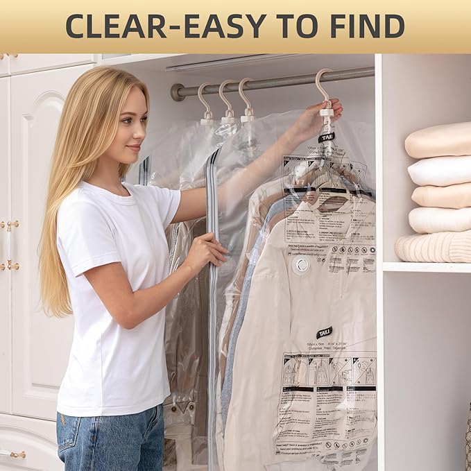 TAILI Hanging Vacuum Storage Sealer Bags Space Saver Bag for Clothing, Suits and Jackets, Closet Organizers, Travel, Set of 4