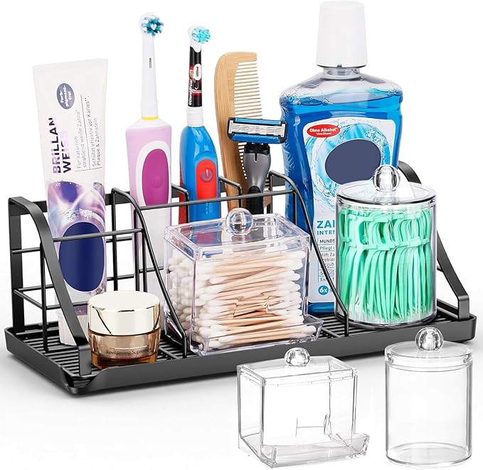 Toothbrush Holders Set with 2 Pack Qtip Holder Dispenser, Kids Electric Toothbrush and Toothpaste Holder, 7 Slots Tooth Brush