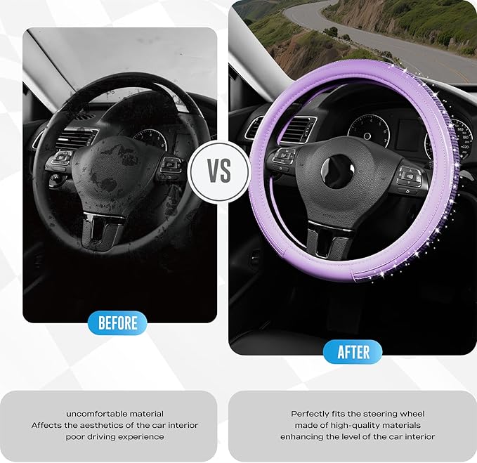 Road Comforts Bling Steering Wheel Cover – Purple Diamond Design, Universal Fit 14.5-15 Inch, Microfiber Leather, Anti-Slip &
