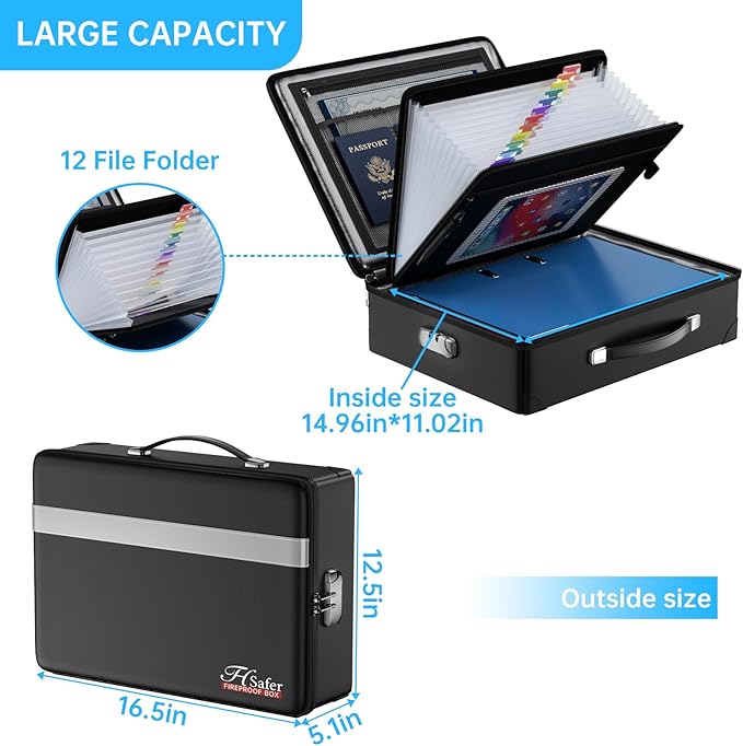Fireproof Document Box with lock, File Organizer with Fireproof Zipper, Hard Shell Fireproof & Waterproof Storage box, Portab