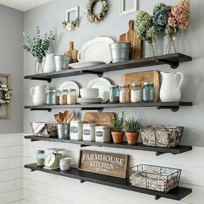Industrial Pipe Wall Wood Shelves,Real Long Wooden Shelves 60",11.8" Extra Width, Modern Floating Shevles for Wall Bookshelf 