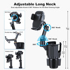 Cup Holder Phone Mount, 2 in 1 Universal Cup Holder Expander with Long Arm 360°Rotation Cup Phone Holder for Car Fits All 4-7