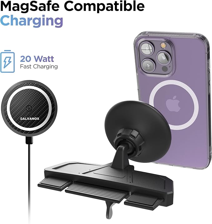 Galvanox Wireless Charging Car CD Slot Phone Holder - Magnetic Mount Charger with Secure CD-Player Attachment - Compatible with MagSafe