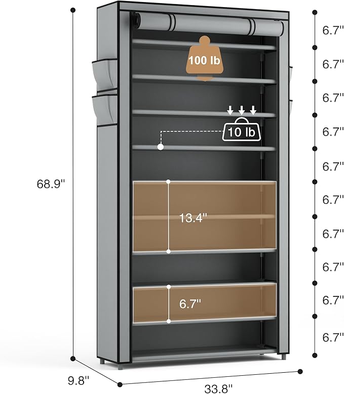 ROJASOP Shoe Rack with Covers, Stackable 10 Tier Tall Shoe Shelf Storage 50-55 Pairs Shoes and Boots Large Capacity Vertical 