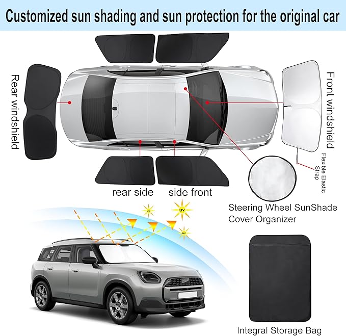 Windshield Sun Shade Car Windshield Foldable Full Windows Coverage Custom Fit for 2024-2026 Mini Countryman Cooper F66 SUV Accessories Window Shades Block Sun UV Rays 6PCS