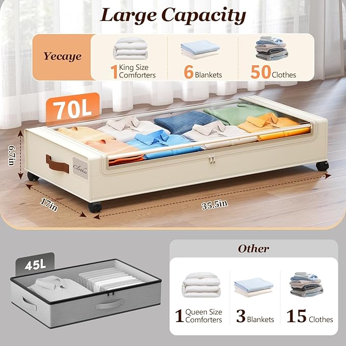 Yecaye Under Bed Storage with Wheels 2Pack, 70L Larger Capacity Under Bed Storage Containers, Underbed Shoe Storage Organizer