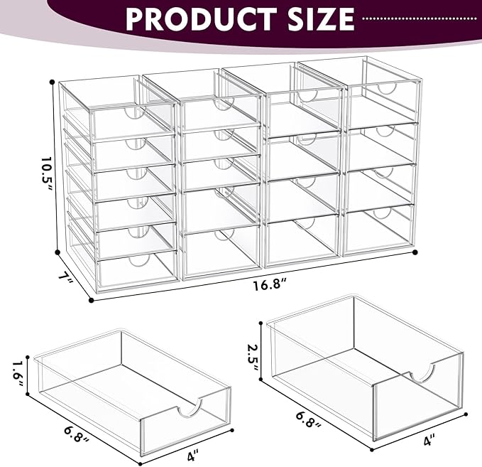 YFXCVSL Acrylic Makeup Organizer with 19 Drawers, 4 Pack Clear Storage Drawers, Bathroom Makeup Organizer for Palettes, Cosme