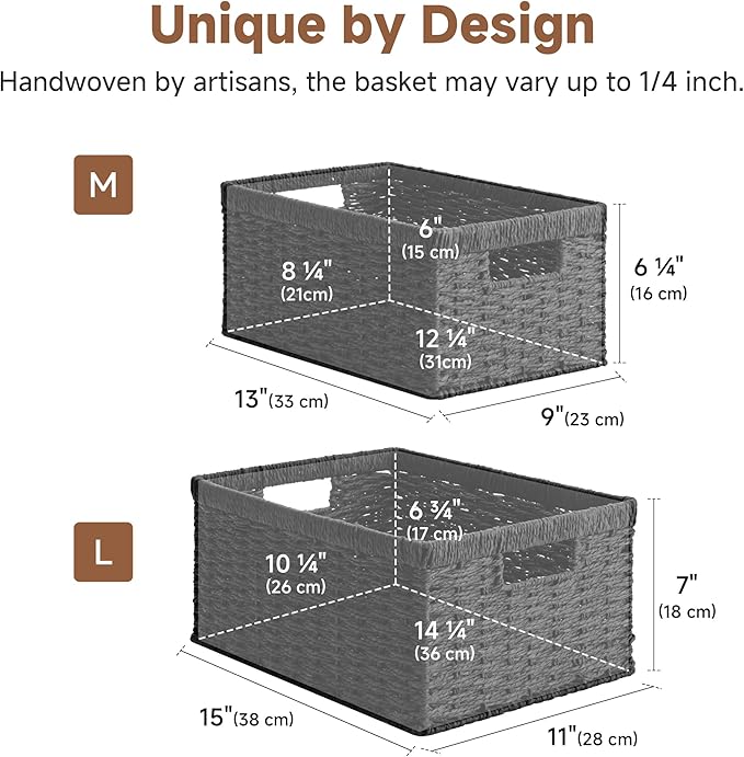 StorageWorks Wicker Storage Baskets for Organizing, Wicker Basket with Handles, Decorative Storage Baskets for Shelves, Black
