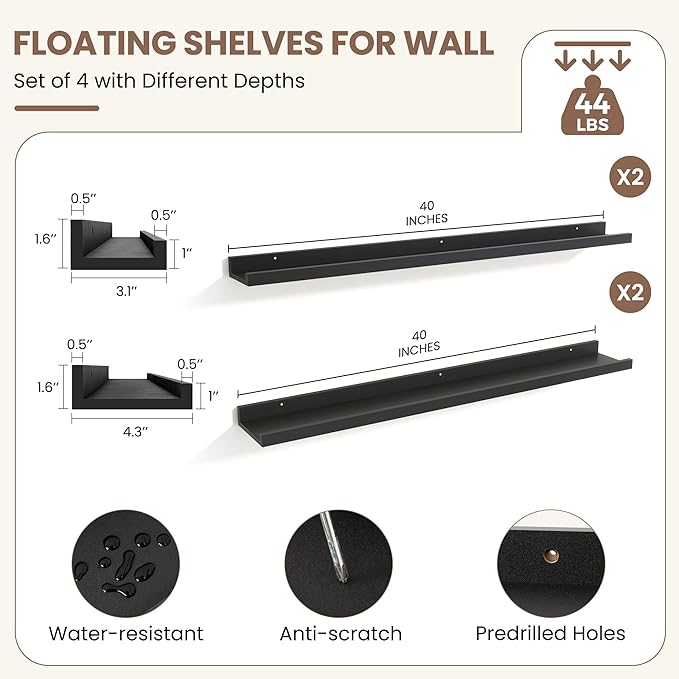 Fun Memories Picture Ledge Shelf, Black Floating Shelves Set of 4, 40 Inch Picture Shelves for Wall with Ledge, Large Nursery