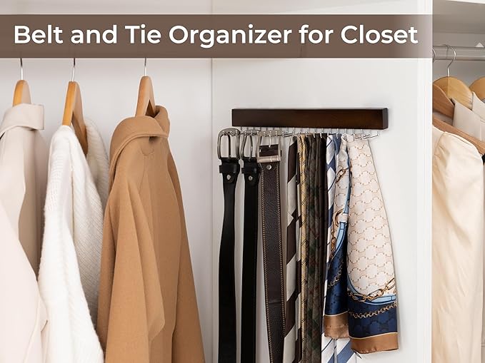 StorageWorks Tie Rack with 20 Hooks, 2-Pack Wall-Mounted Wooden Hangers for Neckties, Belts, Hats, Natural Walnut Color