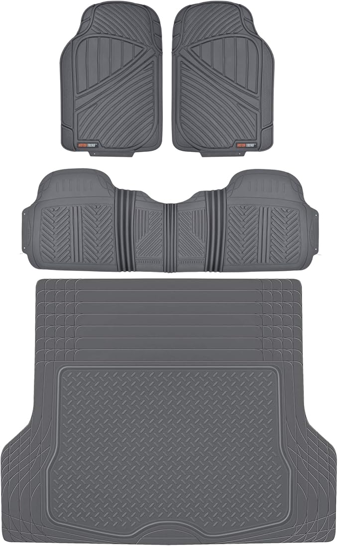 Motor Trend FlexTough™ Baseline Rubber Car Floor Mats with Trunk Mat Cargo Liner, Front & Rear Combo Set fits Most Car SUV Van Coupe Sedan, Heavy Duty All Weather Trim to Fit