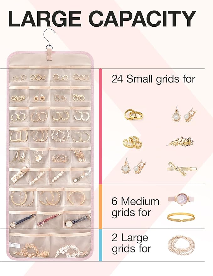 BAGSMART Hanging Jewelry Organizer Storage Roll with Hanger Metal Hooks Double-Sided Jewelry Holder for Earrings, Necklaces, 