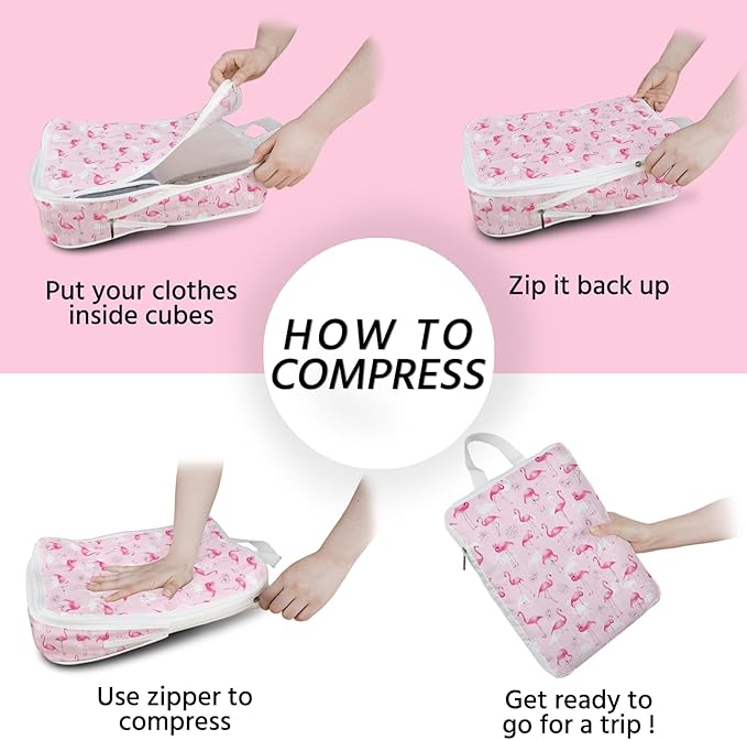 6 Pcs Compression Packing Cubes Waterproof Suitcase Travel Bag Luggage Backpack Organizer Travel Cubes for Packing-Flamingo
