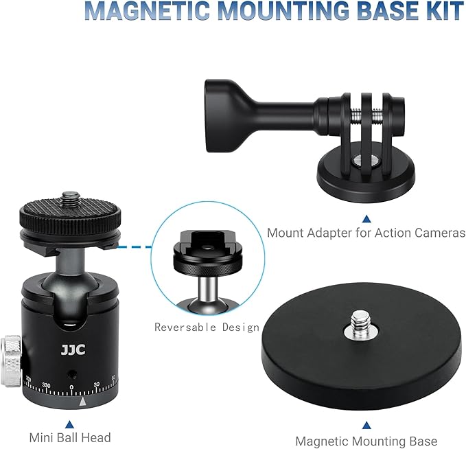 JJC Metal Magnetic Camera Mount with Ball Head, 1/4"-20 Screw & Cold Shoe, for DJI Osmo Nano Action 6 5 Pro 4 3 Pocket 3 for Gopro Hero 13 12 11 10, for Insta360 X5 X4 X3 Ace Pro 2, Digital Camera