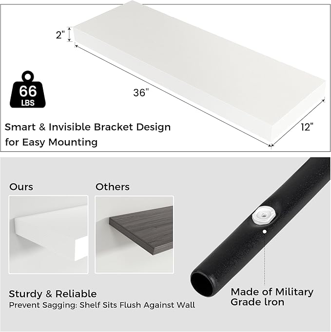 Floating Shelves for Wall, 36" W x 12" D x 2" H, 2 Pack of Long Wall Mounted Engineered Wood Shelves with Invisible Brackets 