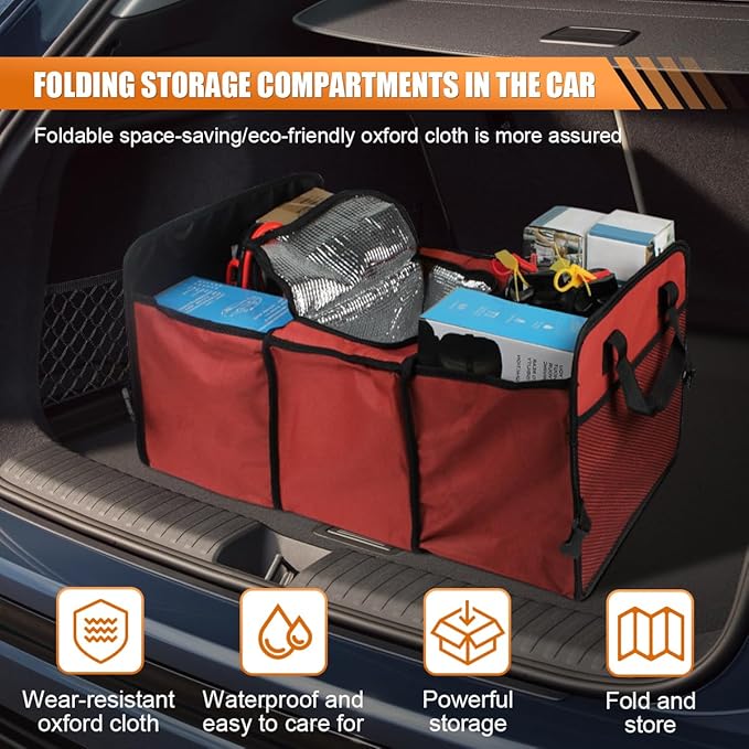 Car Trunk Organizer, Oxford Fabric Waterproof & Anti-Slip Vehicle Storage Box with Leak Proof & Insulated Cooler Bag, Large Cap