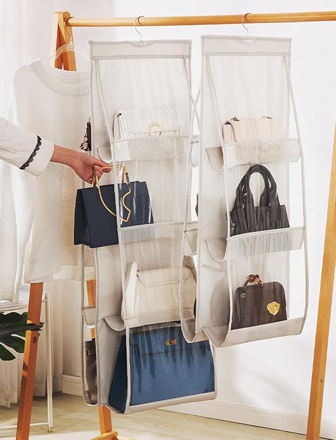 AARAINBOW 2 Pack Hanging Handbag Purse Organizer, 8 Pockets, Wardrobe Closet Space Saving Transparent Hand Bags Holder, 43.3L