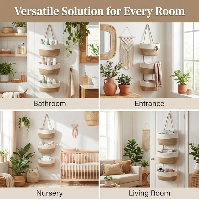 Hanging Wall Basket, Over the Door Hanging Basket with Hooks, 3-Tier Cotton Hanging Basket for Organizing, Decorative Boho Ch