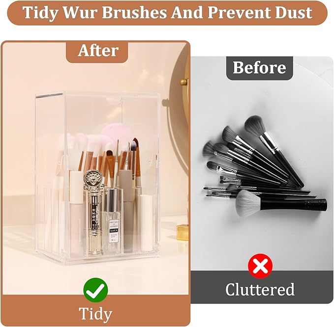 Acrylic Makeup Brush Holder with Slanted Flip-Top Lid - Clear Dustproof Cosmetic Make up Brush Organizer and Storage Box - La