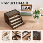CLUQMEIK 5 Layer Necklace Jewelry Box, Vintage Wooden Jewelry Box with Acrylic Cover Stackable Necklace Storage Organizer for
