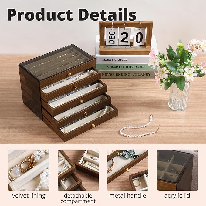 CLUQMEIK 5 Layer Necklace Jewelry Box, Vintage Wooden Jewelry Box with Acrylic Cover Stackable Necklace Storage Organizer for