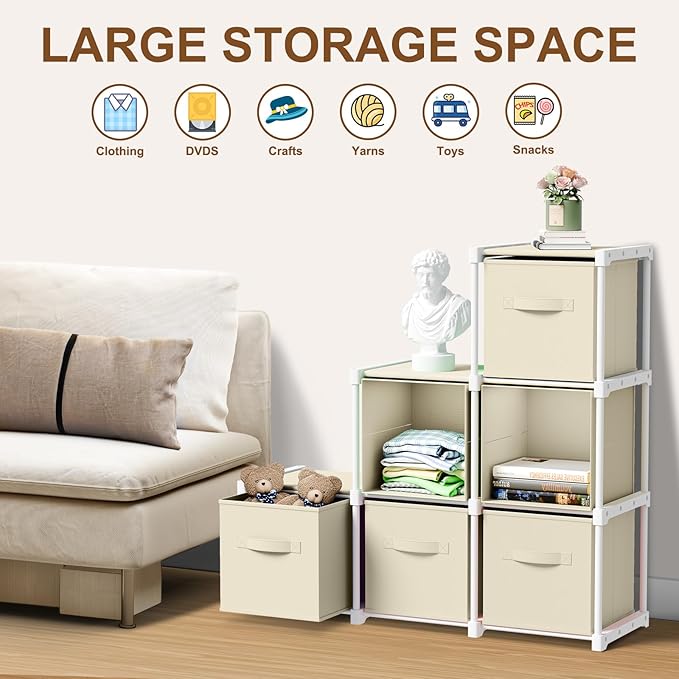6 Cube Storage Organizer with Shelf Back to School Boxes 11 Inch Toy Storage Bins Closet Organizers Drawers Fabric Dresser fo