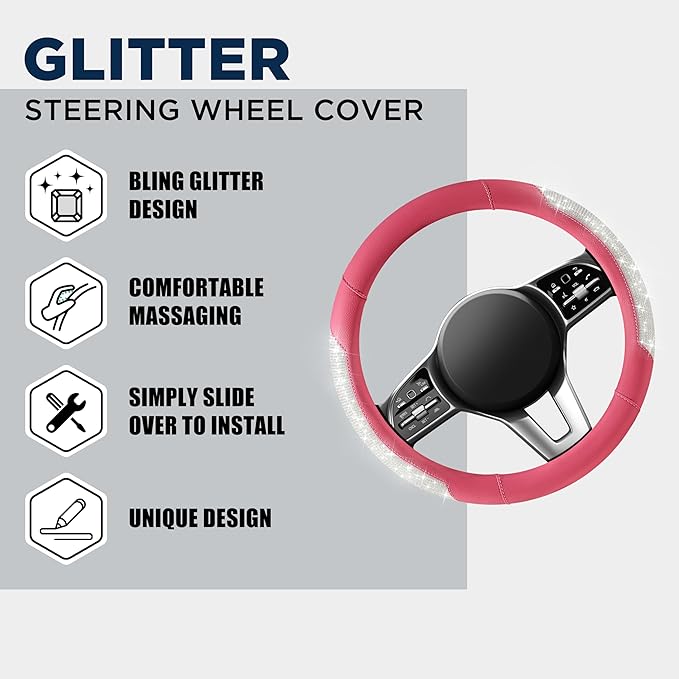 PIC AUTO Steering Wheel Cover, Sparkly Crystal Bling Glitter with Hot Pink Leather, Universal Fit 14.5"-15.5" Car Steering Wh