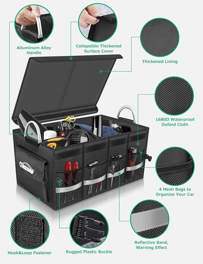 Oasser Trunk Organizer Cargo Organizer Trunk Storage Waterproof Collapsible Durable Multi Compartments with Foldable Hard Cover