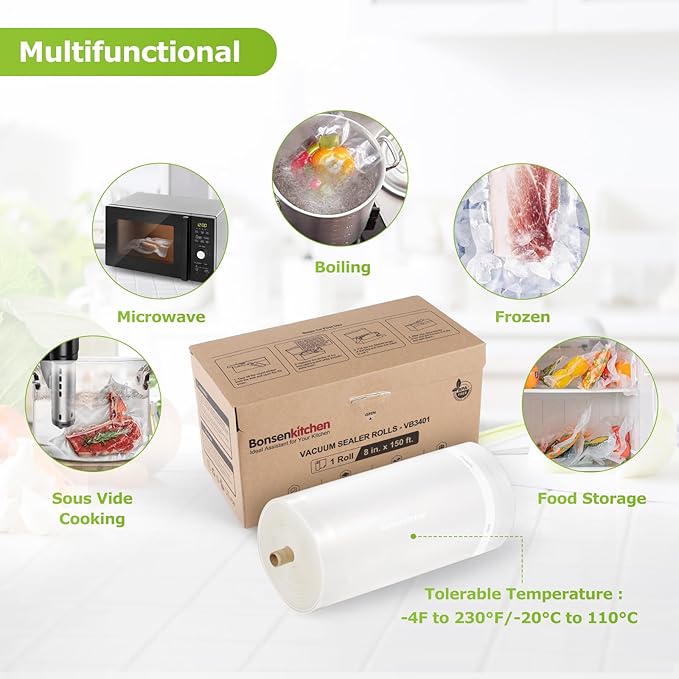 [2025 New] Bonsenkitchen 8” x 150’ Vacuum Sealer Bags Rolls with Cutter for Food Storage, Commercial Grade, BPA Free, Great f