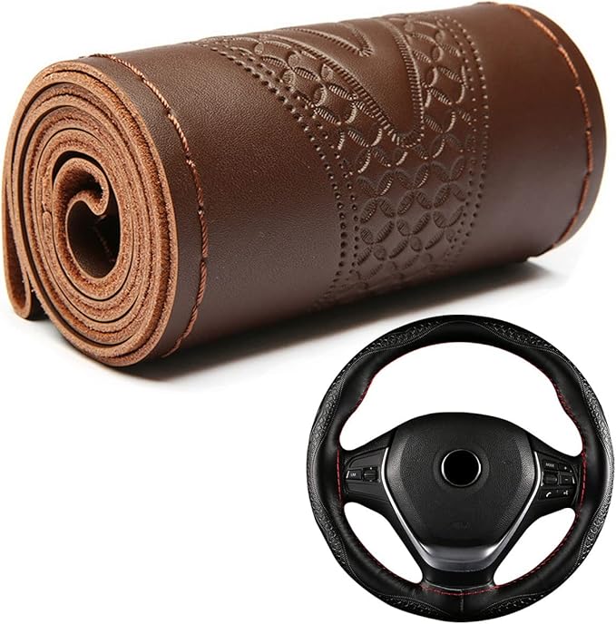 DEEYOTA Car Steering Wheel Cover Universal Fit Round Stitch Steering Wheel Wrap Thin PU Leather Steering Wheel Cover Sewn on 