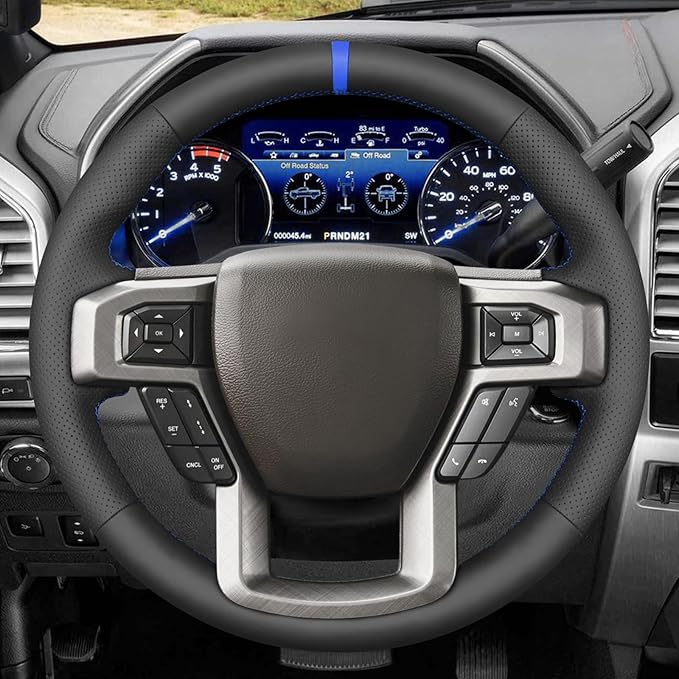 MEWANT Black Genuine Leather Steering Wheel Cover for Ford F150 F250 F350 Expedition 2018-2021 Truck Interior Accessory