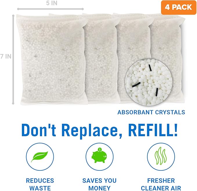 4 Pack Moisture Absorber Refill Bags, Unscented and Fragrance-Free Pellet Packs, Dehumidifier Refills for Buckets, Ideal for