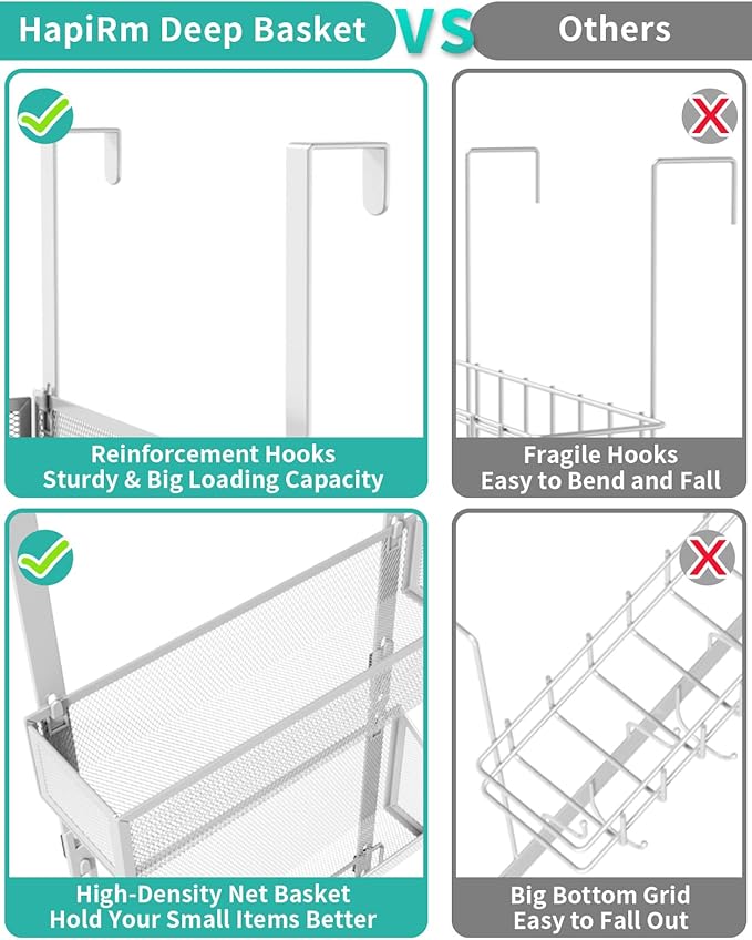 HapiRm Over Door Hook with 2 Mesh Baskets and 9 Hooks, 304 Stainless Steel No Drilling Over The Door Hanger, Storage Organize