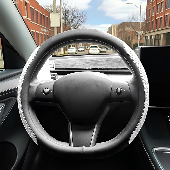 SEG Direct Flat Bottom Steering Wheel Cover, D Shaped Car Wheel Cover 14-14 1/4 in. (35.5-36 cm), for Tesla Model 3 / Y, for 