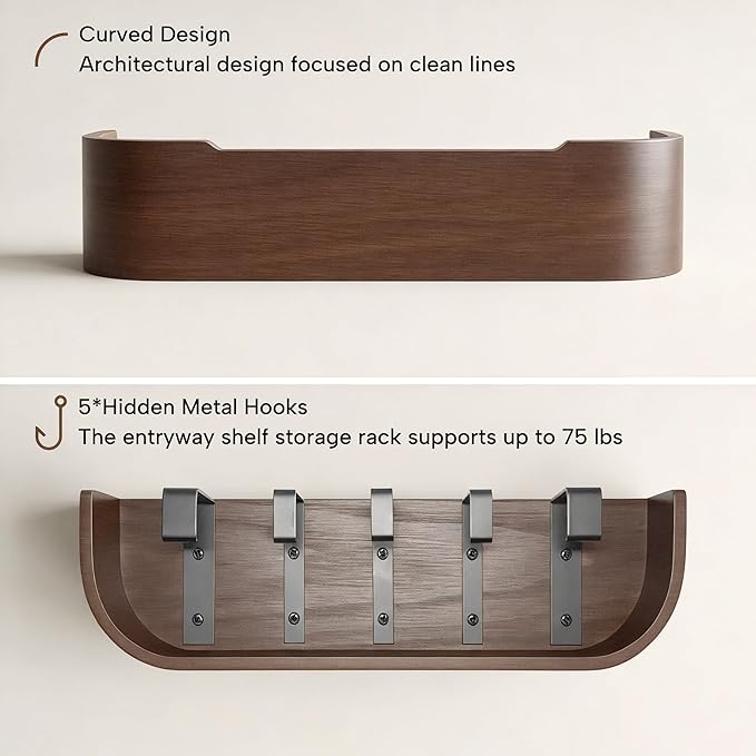Wall Mount Key Holder with 5 Hidden Hooks Modern Key Hanger Rack Wood Entryway Hook Mail Organizer Tray Shelf Home Decor for 