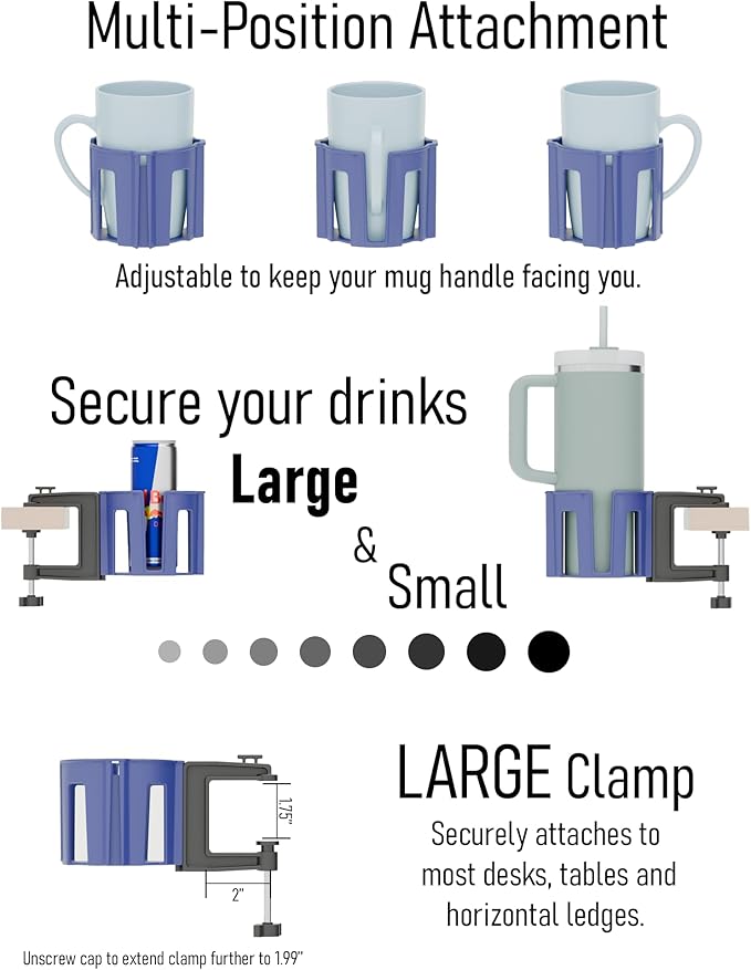 Original Large Desk Cup Holder Clamp – Cup-Holster, The Anti-Spill Cup Holder for Table, Office & Gaming – Multi-Directional 