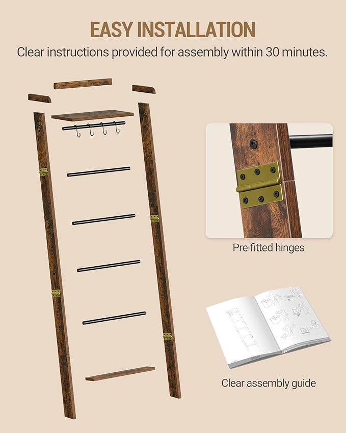 Hzuaneri Blanket Ladder Shelf, Decorative Quilt Rack, 7-Tier Farmhouse Ladder Holder Organizer with 4 Removable Hooks 7.9" D 
