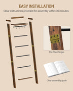 Hzuaneri Blanket Ladder Shelf, Decorative Quilt Rack, 7-Tier Farmhouse Ladder Holder Organizer with 4 Removable Hooks 7.9" D 