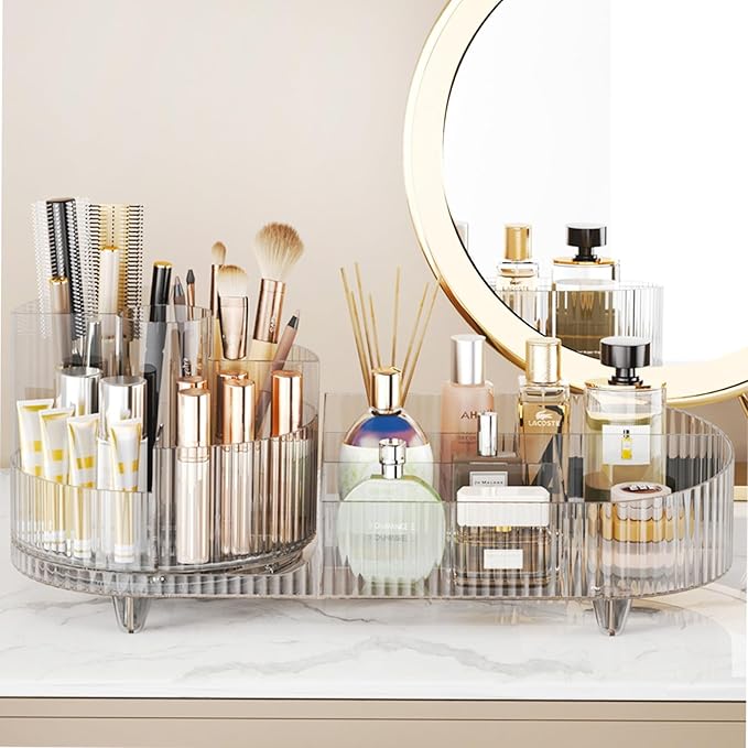 Rotating Makeup Organizer for Vanity with Brush Holder, Cosmetic Makeup Storage Organizer, Large Spinning Makeup Skincare Org
