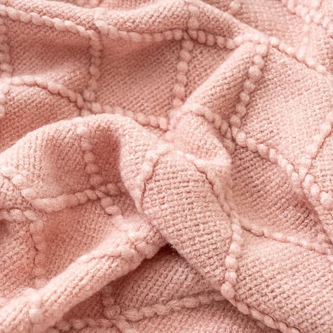 BATTILO HOME Blush Throw Blanket with Tassels, Pink Knit Blanket for Home Decor, Boho Style Textured Knitted Decorative Blank
