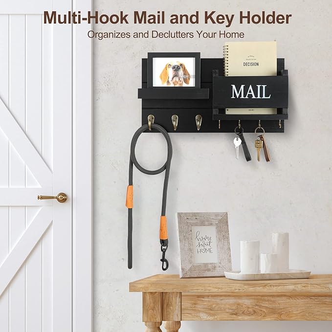 Lwenki Mail Organizer for Wall Mount – Key Holder with Shelf Includes Letter Holder and Hooks for Hallway Farmhouse Decor – R