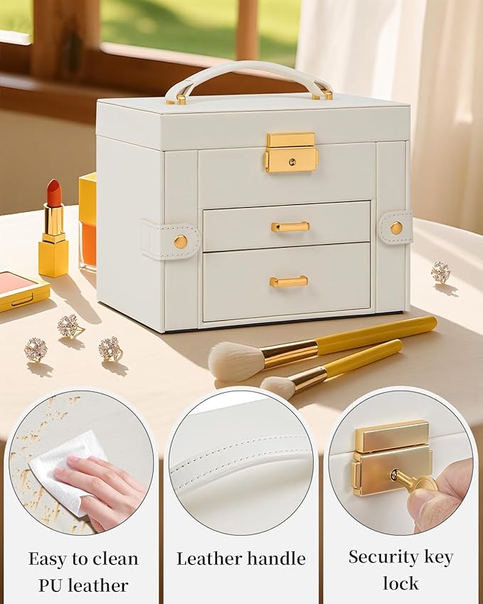 TORIBIO Jewelry Box for Women, Leather Jewelry Organizer with Mirror & Lock, 3-Tier Jewelry Storage Organizer with 2 Drawers 
