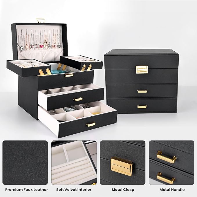 Dajasan Jewelry Organizer Box, Large Jewelry Boxes for Women Girls, Space-Saving 4 Layers Jewelry Storage Case with Drawer, M