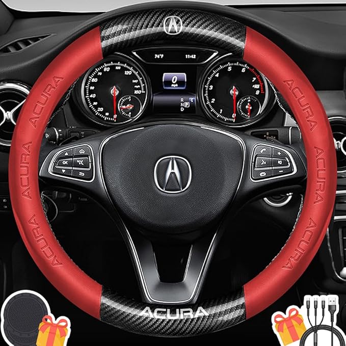 Customized Steering Wheel Cover Compatible with Acura, Premium Nappa Leather&Bright Carbon Fiber Texture Steering Wheel Cover, with Coasters and 3-in-1 USB Fast Charging Cable (Red)