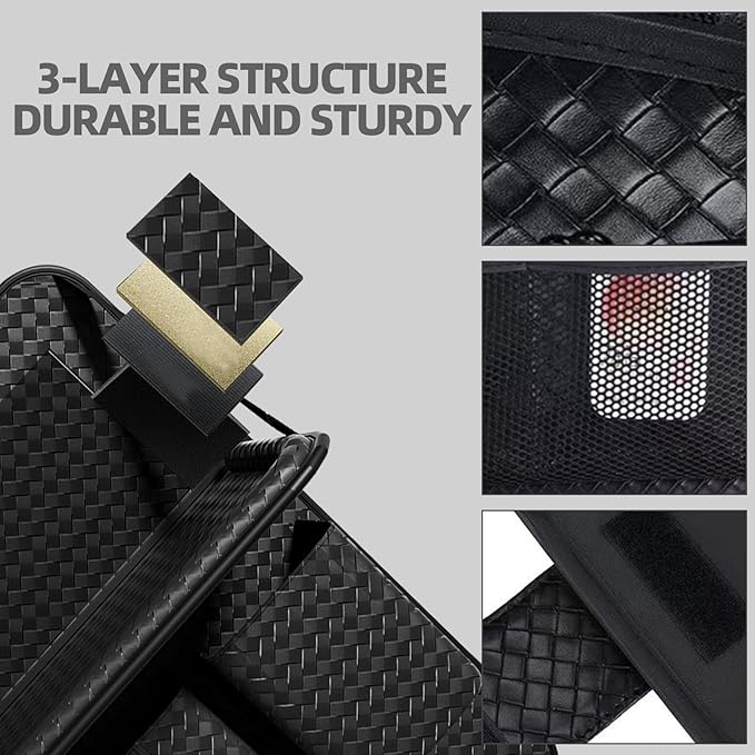 Car Back Seat Organizer, Black Woven Leather Storage Bag, Multifunctional Rear Seat Protector with Tablet Holder, 25.2x17.7 Inches, Abrasion Resistant (black)