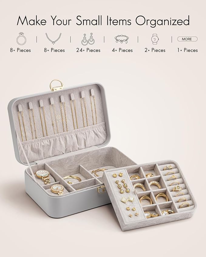 Vlando 2 Layer Jewelry Box,Jewelry Organizer Storage Lockable Earring Organizer Removable Jewelry Tray with Watch Pillow for 