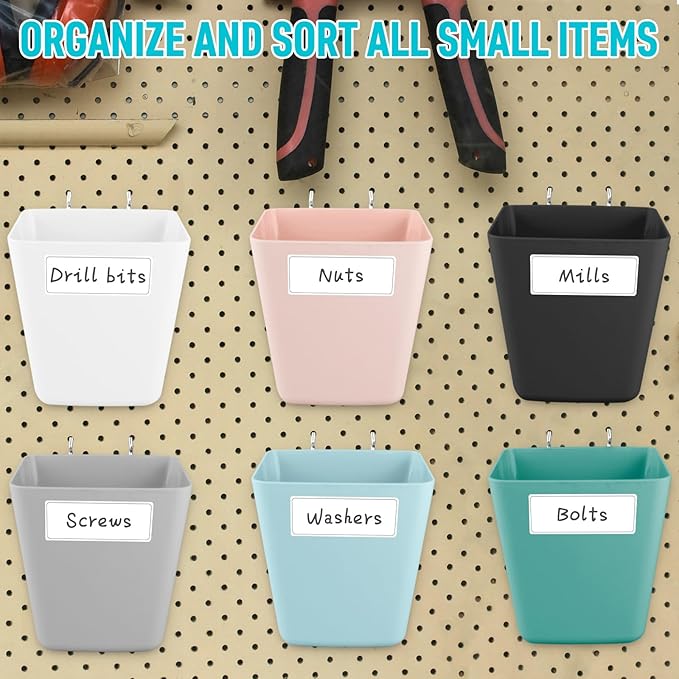 G.CORE Large Pegboard Cups Peg Board Storage Bin 6 Pack with Hooks, Square Box Shape Pegboard Cup Holder Accessories for Gara