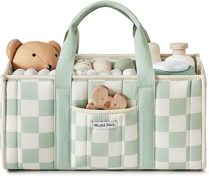 Blissful Diary Checkered Diaper Caddy Organizer, Stylish Nursery Storage Basket, Gift for Baby Shower, Newborn Essentials, Re