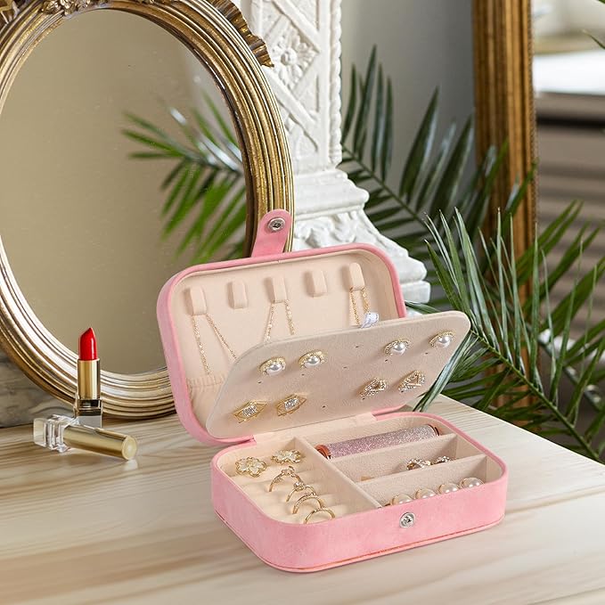 Hatori Travel Jewelry Box, PU Leather Small Jewelry Organizer for Women Girls, Portable Mini Travel Case Display Storage Hold