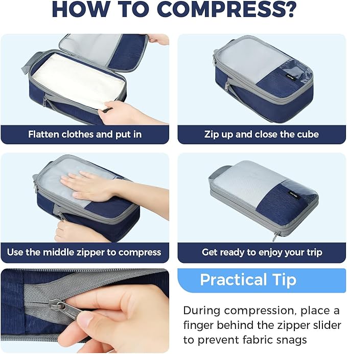 BAGAIL 6 Set Lightweight Compression Packing Cubes with Packing List, Anti-Tearing Expandable Organizer Bags for Travel, Navy